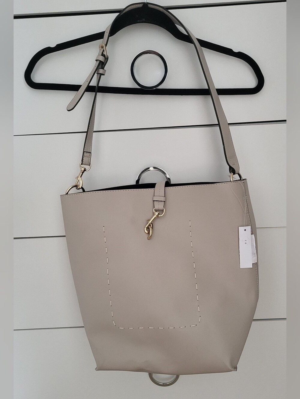 Topshop Dogclip Fastening PU Slouch Shoulder Bag in Beige